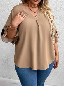 SHEIN CURVE+ Plus Size Women V-Neck Loose Casual Short Sleeve Blouse - Khaki - View 3