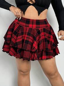 SHEIN ICON 大码夏季时尚格子荷叶边下摆多层半身裙