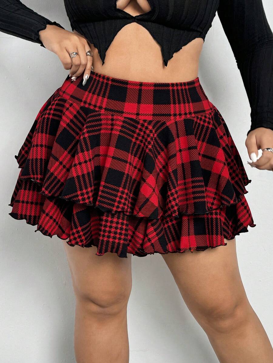 SHEIN ICON 大码夏季时尚格子荷叶边下摆多层半身裙