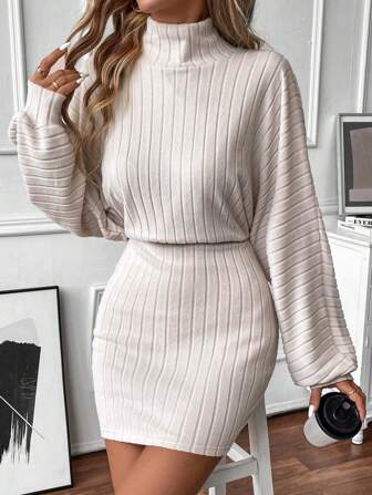 SHEIN Clasi Women's Autumn & Spring Rib-Knit Raglan Sleeve Turtleneck Empire Waist Bodycon Dress