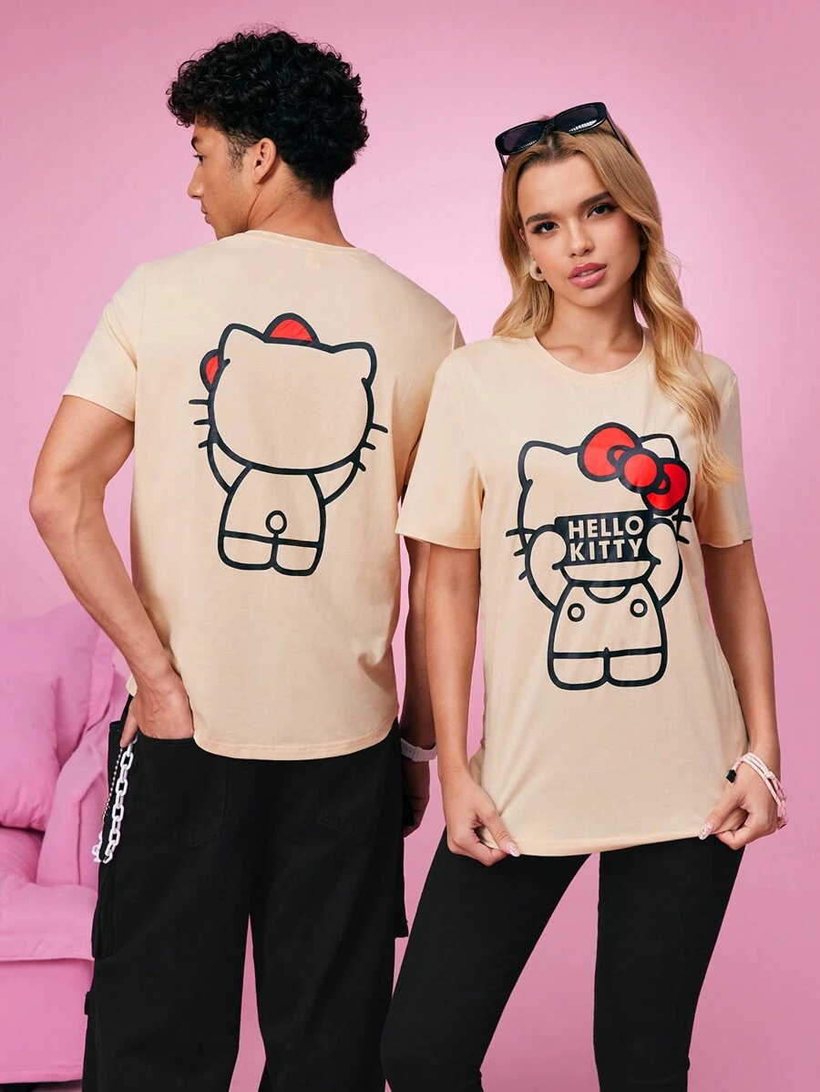 HELLO KITTY AND FRIENDS | SHEIN Unisex 1 szt. Casualowa koszulka z krótkim rękawem z nadrukiem kreskówkowym i literowym, lato