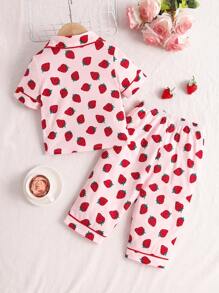 2pcs/Set Baby Girl Strawberry Pattern Shirt & Straight Pants Set, Casual Pajamas For Spring & Autumn - Multicolor - View 2