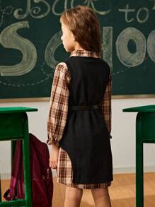 SHEIN Explorewe Girls 2 Pieces Outfit - Plaid Collared Shirt Dress With V-Neck Vest And Detachable Belt, Spring/Autumn - Black - View 2