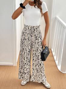 SHEIN Frenchy 全印花纸袋腰阔腿休闲裤返校服装秋季女装旧款风格