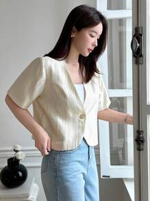 DAZY Solid Color V-Neck Short Sleeve Fitted Blouse For Women