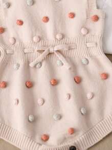 Baby Girls Knitted Romper With Pompom Decoration, Casual & Cute Spring/Autumn Outfit - Apricot - View 6