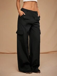 Forever 21 秋冬女士黑色阔腿裤/返校裤/外出裤/工装裤/宽松裤/低腰裤/直筒裤/口袋裤/教师裤/Y2k裤/降落伞裤/外出裤 - 黑色 - 查看 7