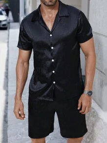 Manfinity LEGND Men's Front Buttoned Short Sleeve Top And Shorts Set, Casual Daily Wear