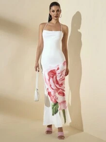 SHEIN BAE Đầm trắng in hoa hở lưng cho nữ đi biển, hẹn hò lãng mạn - trắng - Xem 3