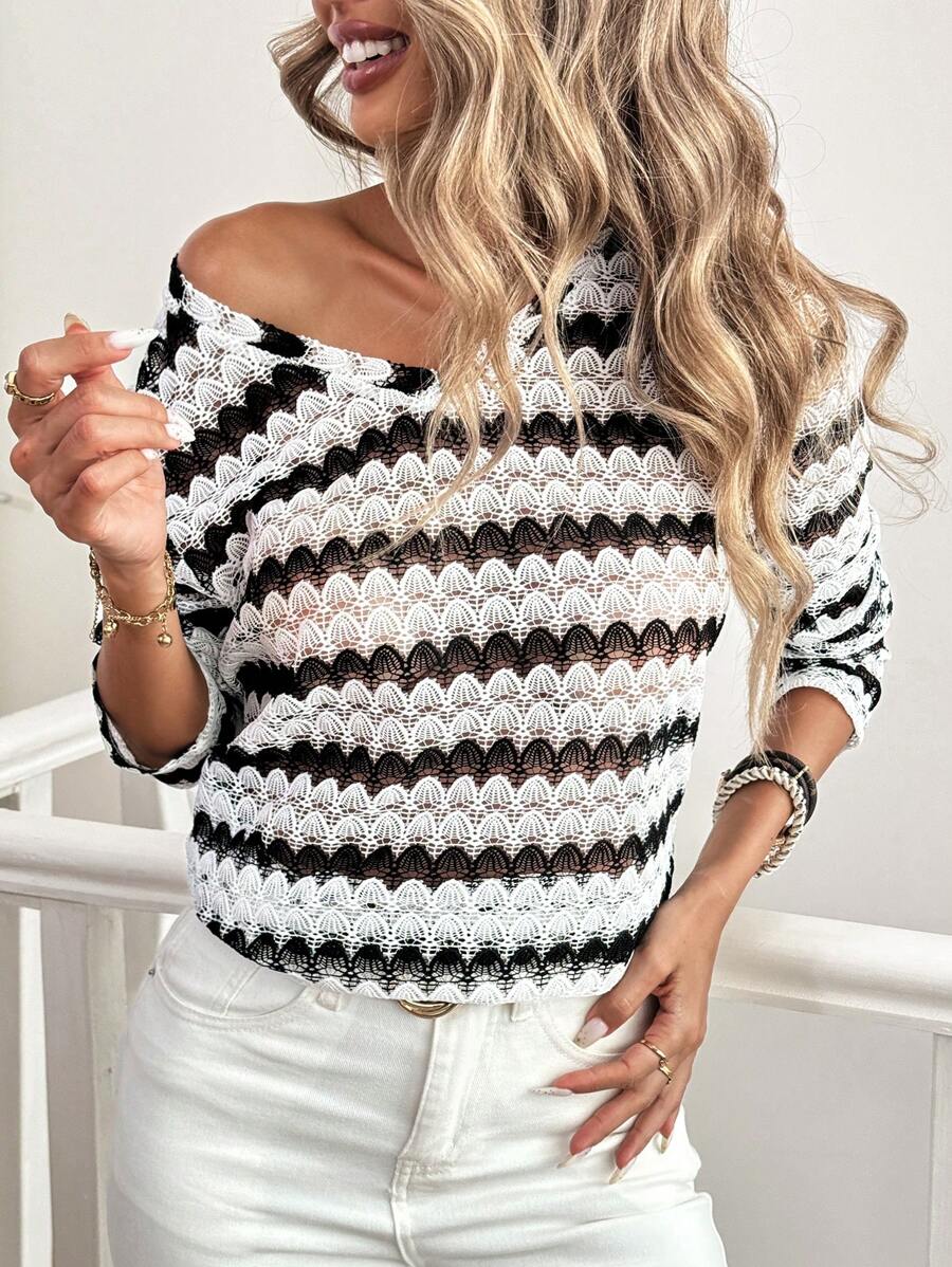 SHEIN LUNE Áo thun nữ dài tay đơn giản Colorblock - Đen và trắng - Xem 1