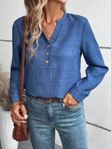 SHEIN LUNE Blusa informal con cuello en V, manga larga, botones delanteros y bolsillo para mujer