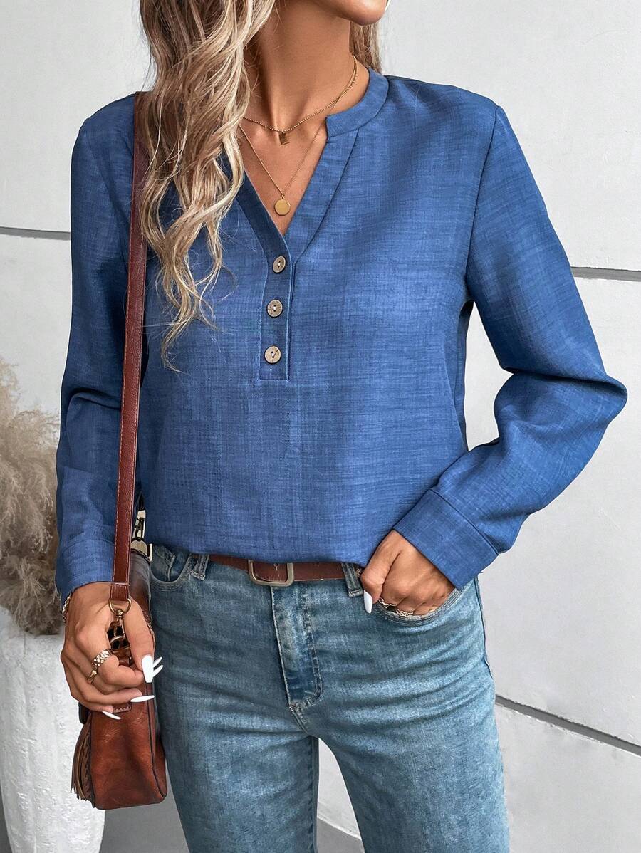 SHEIN LUNE Women's V-Neck Long Sleeve Button Front Pocket Casual Blouse - Medium Wash - View 1