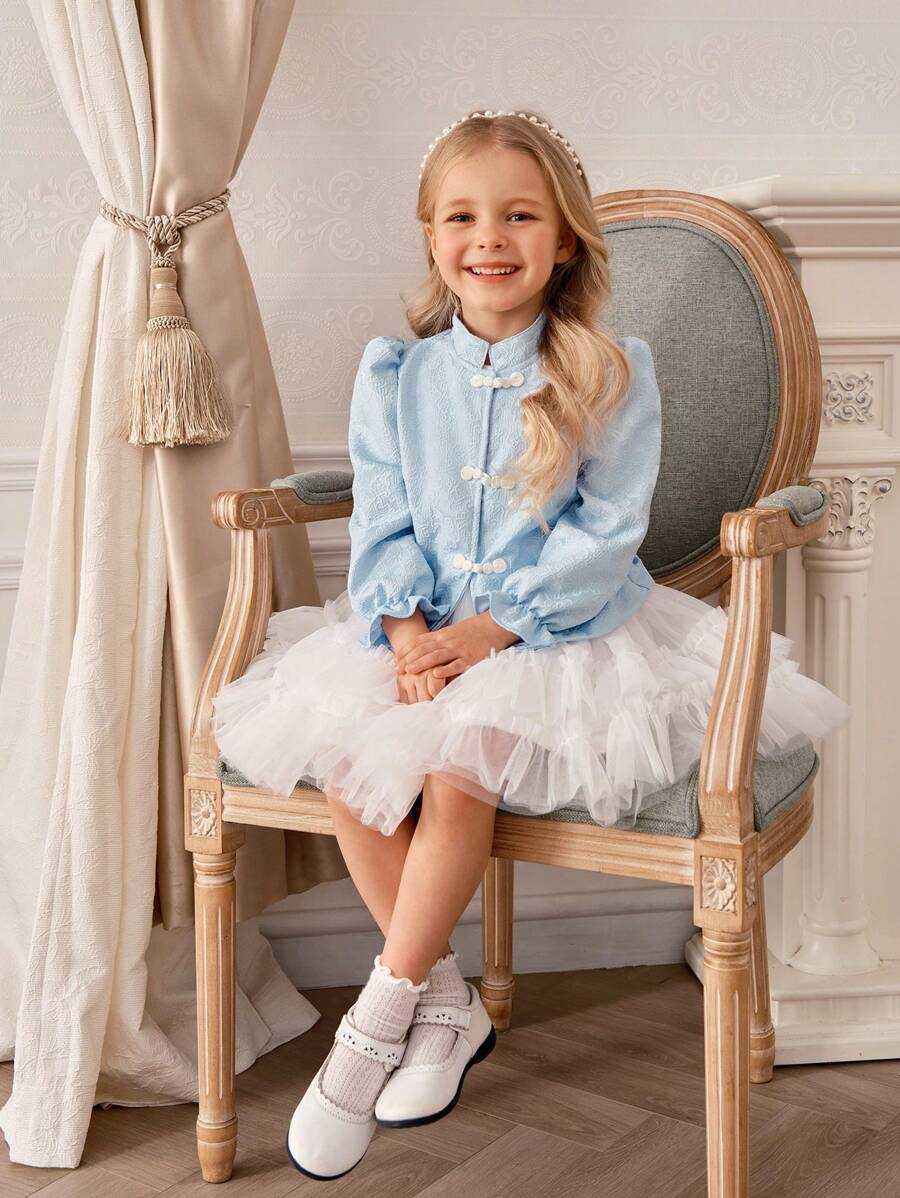 SHEIN 2 piezas Conjunto de chaqueta de manga larga con jacquard y vestido de malla para niñas, primavera otoño - Blanco - Ver 1