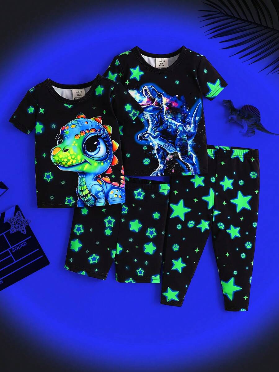 SHEIN 4 pièces Ensemble de pyjama lumineux avec motif de dinosaure ajusté pour bébé garçon, avec t-shirt à manches courtes + shorts et pantalon long - Multicolore - Voir 1