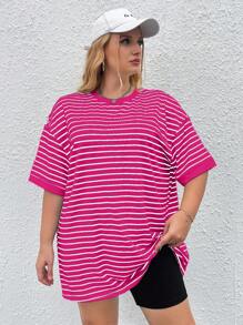SHEIN EZwear Valentine's Day,Plus Size Women Striped Print Round Neck Short Sleeve T-Shirt, For Summer - Hot Pink - View 3