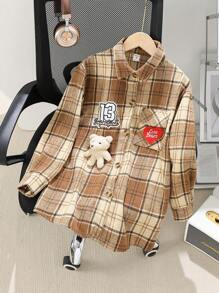 Jaket Kemeja Flanel Panjang Hangat untuk Anak Perempuan dengan Motif Beruang, Angka & Hati - Coffee Brown - View 1