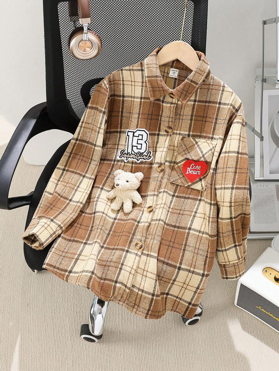Jaket Kemeja Flanel Panjang Hangat untuk Anak Perempuan dengan Motif Beruang, Angka & Hati - Coffee Brown - View 1