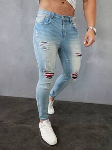 Manfinity LEGND Men's Light Blue Washed Distressed Slim Fit Denim Jeans - Light Wash - View 4
