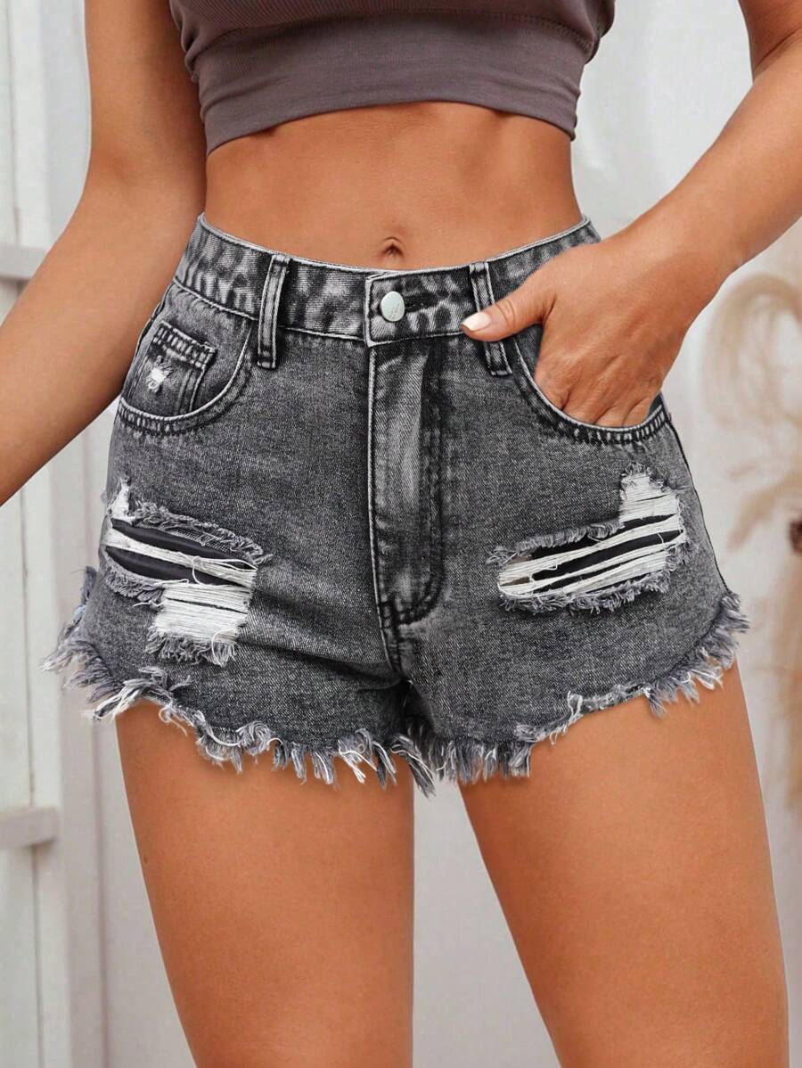SHEIN PETITE Women's Pockets Distressed Frayed Hem Casual Denim Shorts - Light Grey - View 1