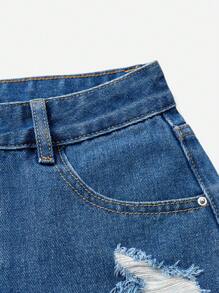 SHEIN EZwear Shorts vaqueros rotos sencillos y lisos para mujer - Azul lavado medio - Ver 3