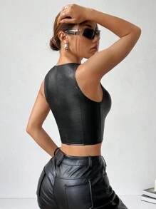 SHEIN EZwear 女士新款纯色弹力皮革紧身背心，适合日常外出 - 黑色 - 查看 2