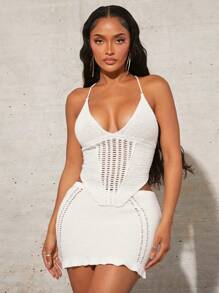 SHEIN SXY Ladies' Knit Spaghetti Strap Top And Skirt Two-Piece Set Holiday Sexy Summer Beach Vacation Boho Women Outfit