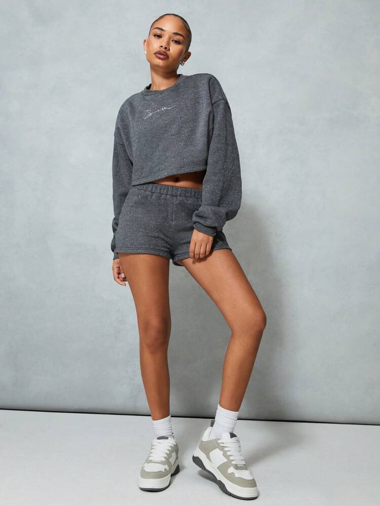 SUMWON WOMEN Slouchy Crop Sweatshirt With Pull On Shorts Two Piece Co-Ord Set