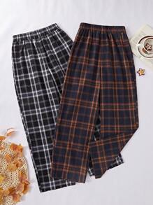 2 piezas Conjunto de pantalones de pijama a cuadros para mujer