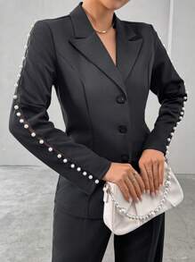 Zolique 女式春秋仿珍珠装饰翻领长袖优雅西装外套 - 黑色 - 查看 4