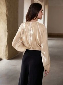 SHEIN Privé 亮面面料褶皱下摆泡泡袖长袖衬衫 - 淺粉色 - 查看 3