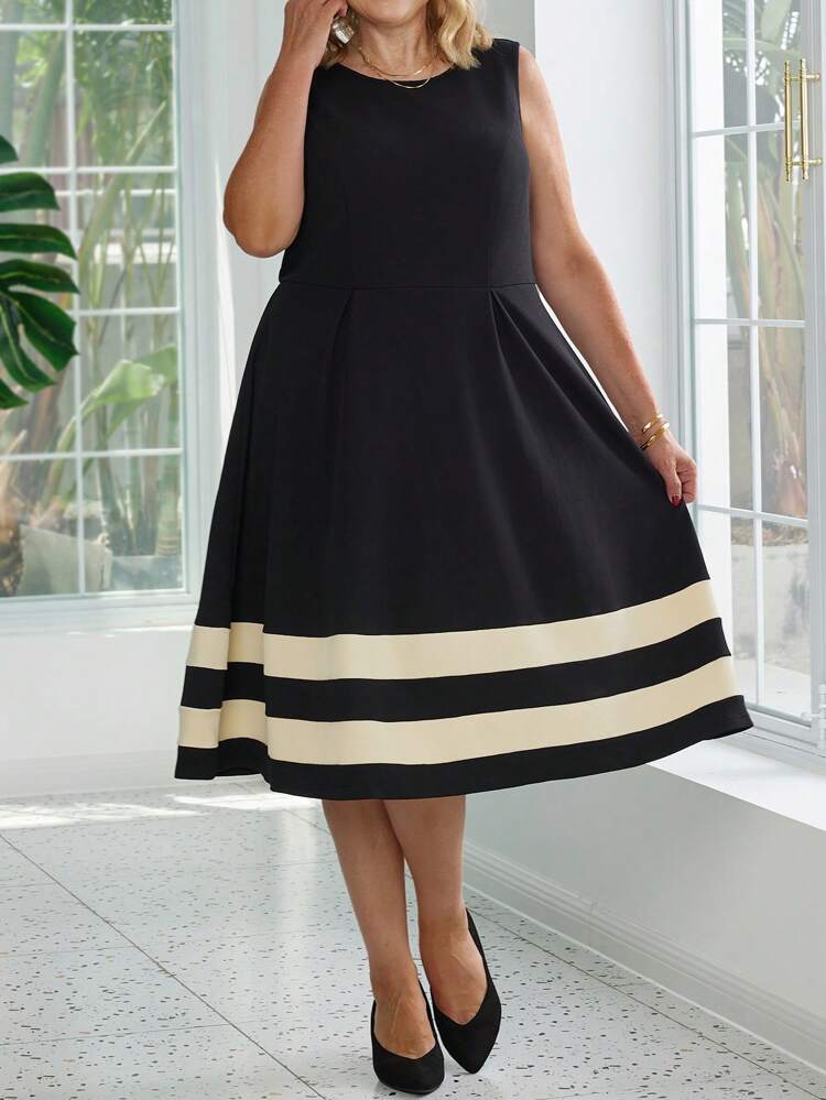 Plus Size Striped Print Sleeveless Top And Solid Beaded Long Sleeve Jacket Elegant 2pcs Set
