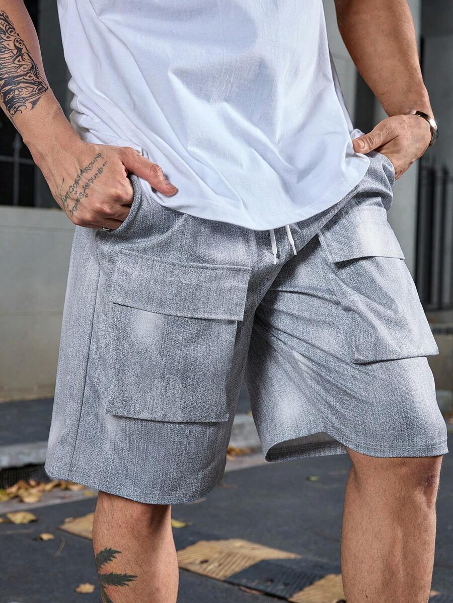 Manfinity Homme 男士简约纯色抽绳休闲短裤 - 銀色 - 查看 1