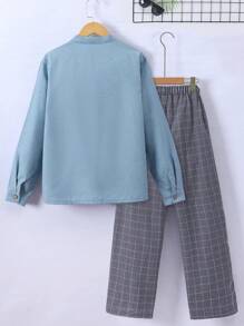 Teen Boy Casual Deer Horn Print Long Sleeve Shirt & Plaid Pants 2pcs Outfit, Spring Autumn