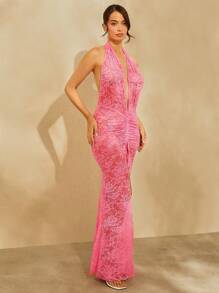 L'Amorae Plunge Neck Low Back Ruched Sheer Lace Halter Neck Dress - Hot Pink - View 4
