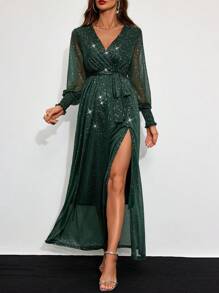 Allurite Đầm dự tiệc trang trọng tay dài xẻ cao họa tiết kim loại cổ chữ V thanh lịch cho nữ - Màu xanh lá cây đậm - Xem 7