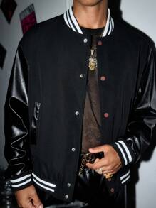 Manfinity VCAY Men's Fashionable Casual Loose Fit Splice Long Sleeve Baseball Jacket, For Fall Winter - Black - View 4