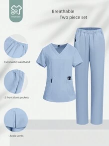 TaskEZ 2-delig verpleegsteruniform met V-hals, korte mouw en broek, damesscrubsset, effen kleur