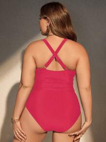 SHEIN Swim Curve Plus Size Solid Color Back Cross Cutout One-Piece Swimsuit, Casual Resort Wear Summer - Hot Pink - View 2