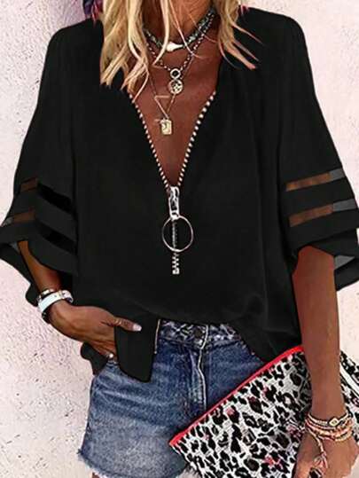 SHEIN LUNE Women's Solid Color Simple Zip-Up Long Sleeve Blouse