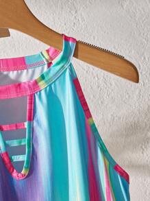 SHEIN LUNE Brush Print Cut Out Halter Top - Multicolor - View 4