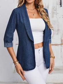 SHEIN LUNE 女士纯色休闲牛仔短袖夹克 - 深色水洗藍 - 查看 5