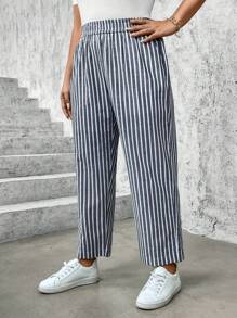 SHEIN LUNE Quần sọc nữ cỡ lớn - Đen và trắng - Xem 3