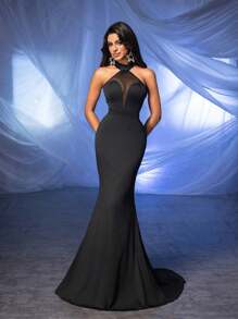 Glamrae Elegant Black Hanging Neck Mesh See-Through Splicing V-Neck High Waist Waist Section Skinny Back Banner Backless Slim Fishtail Drag Tail Dating Bachelorette Party Vacation Back-To-School Season Wedding Event Heavy Duty Evening Gowns Formal Prom Wedding Guest Dress, For Graduation, Dinner - Black - View 6