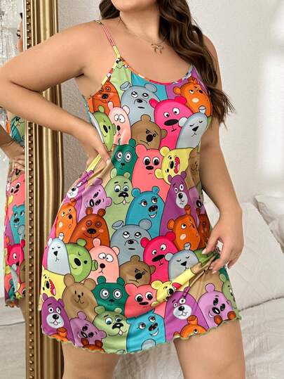 SweetSlumber Vestido de dormir tipo camiseta de tirantes con estampado total de animales de caricatura para mujer de talla grande en verano