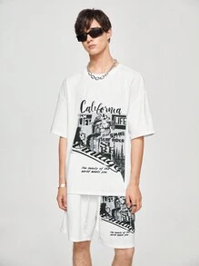 Manfinity Hypemode Men's Slogan Print Round Neck Drop Shoulder T-Shirt & Drawstring Waist Shorts Set, Summer - White - View 3