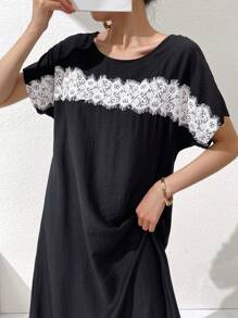 Mulvari 女士简约休闲撞色圆领短袖连衣裙 - 黑與白 - 查看 7