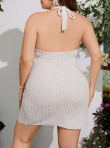 Flirla Hand-Crocheted Floral Pattern Slit Dress With Neck Tie For Plus Size Women - White - View 2