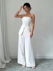 Elenzga 2 件套女士纽扣休闲无袖白色西装外套和裤子夏季套装 - 白色 - 查看 6