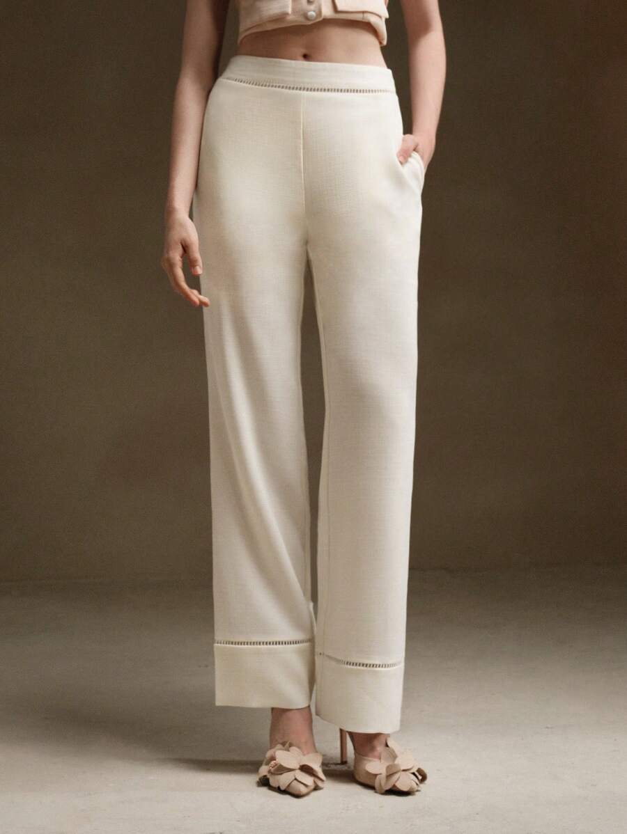 Anewsta Women Wide Leg Patchwork Casual Pants - White - View 1