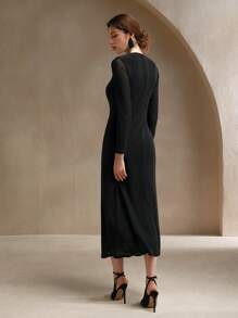 Anewsta Solid Color V-Neck Slit Fitted Knit Dress, Spring & Fall - Black - View 3